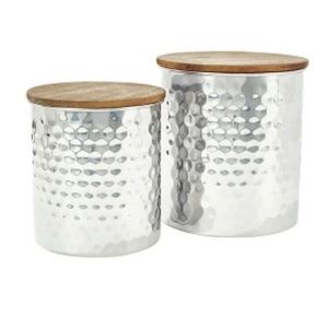 Uncommon James Hammered Silver Wood Lid Small Cannister Set Pair NIB